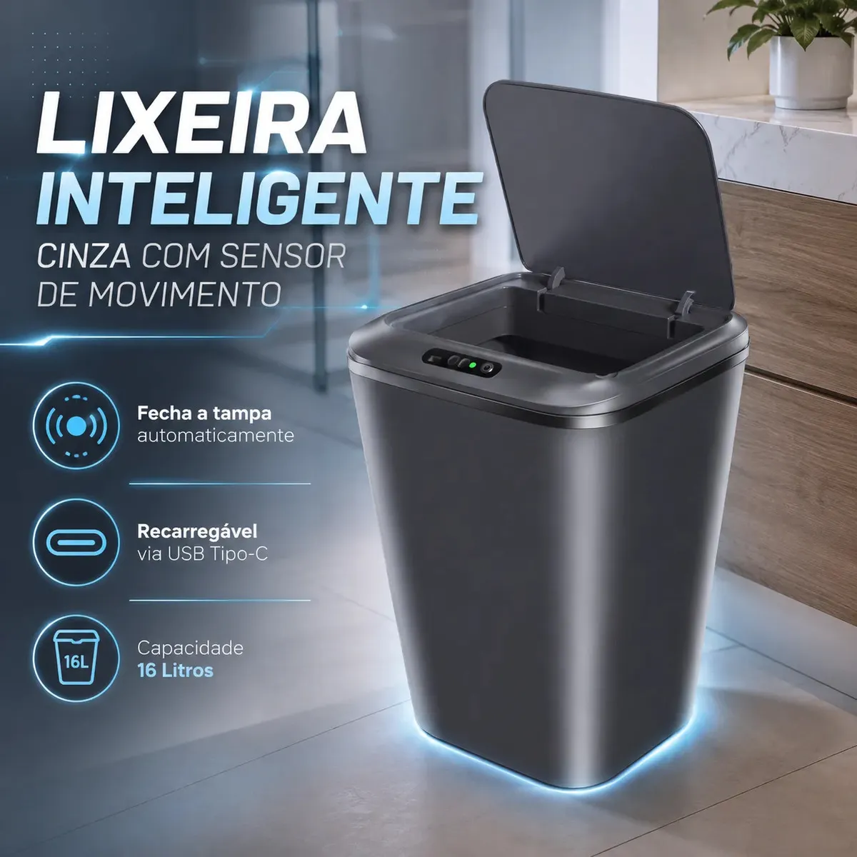 Lixeira Inteligente Automática.Com Sensor,  Recarregáve em qq Usb