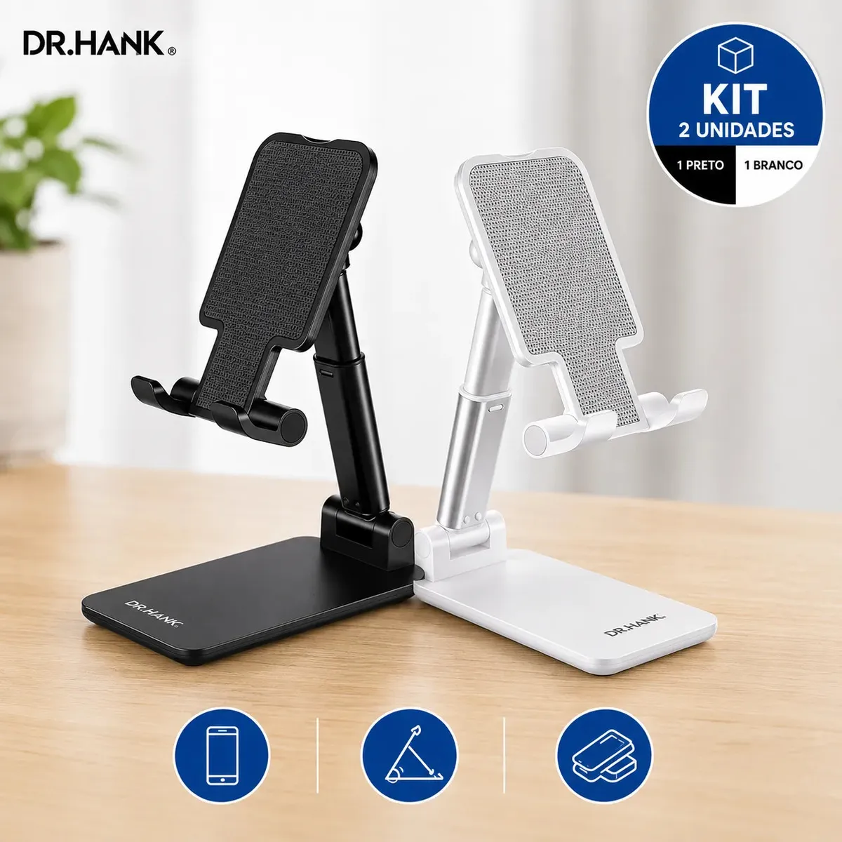 Kit 2 Suportes Celular de Mesa Ajustável, Dobrável, Universal Branco e Preto Base Antiderrapante Suporte Ergonômico Altura Regulável