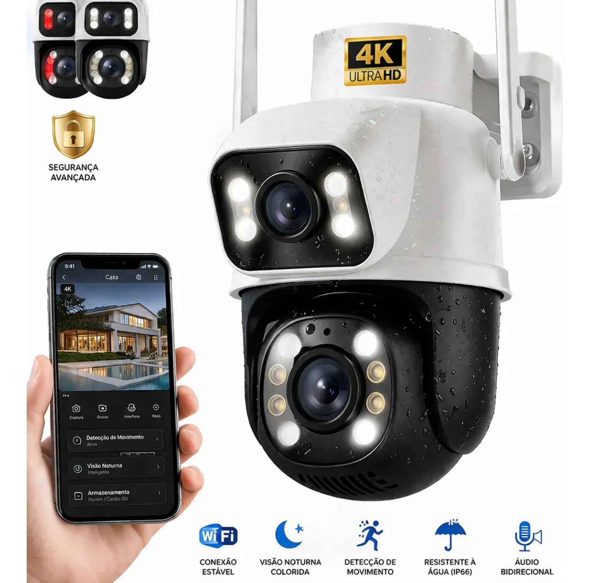 Câmera de Segurança Wi-Fi 4K Dupla Lente Visão Noturna Colorida Full Hd Externa Prova D'água Ip66 Sensor Movimento Woosh
