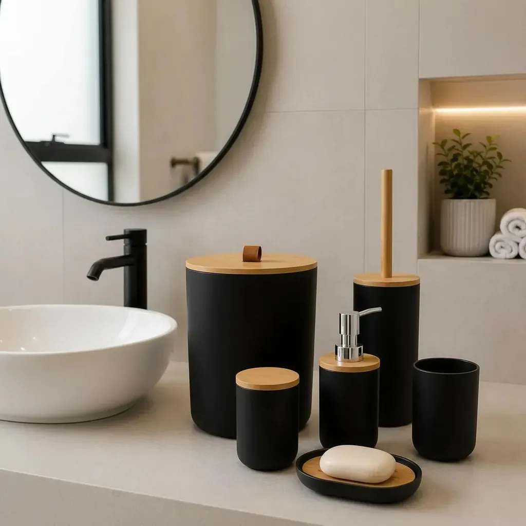 Kit Acessórios Banheiro 6 Peças; Lixeira Escova Sanitária Dispenser Sabão Líquido Porta Escova Dente Saboneteira Cor Preto