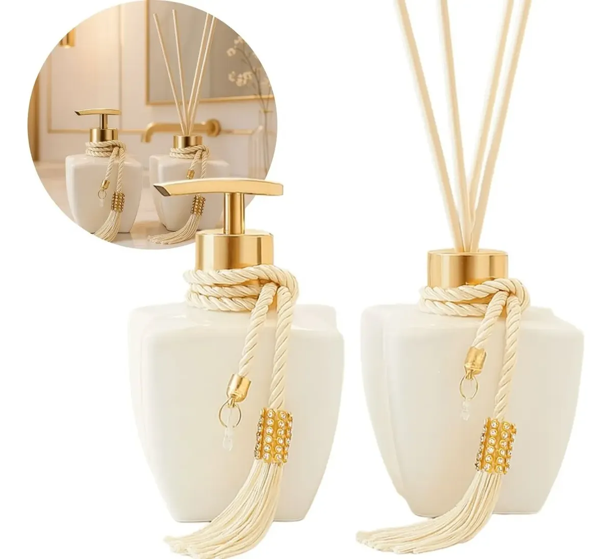 Kit Vidros Lavabo Branco Luxo C/ Enfeite Difusor E Sabonete