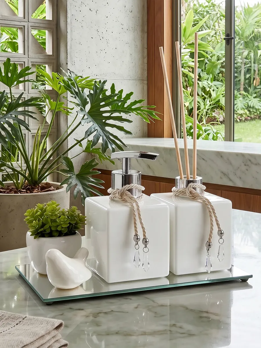 Kit Banheiro Porta Sabonete Líquido Aromatizador de Ambiente