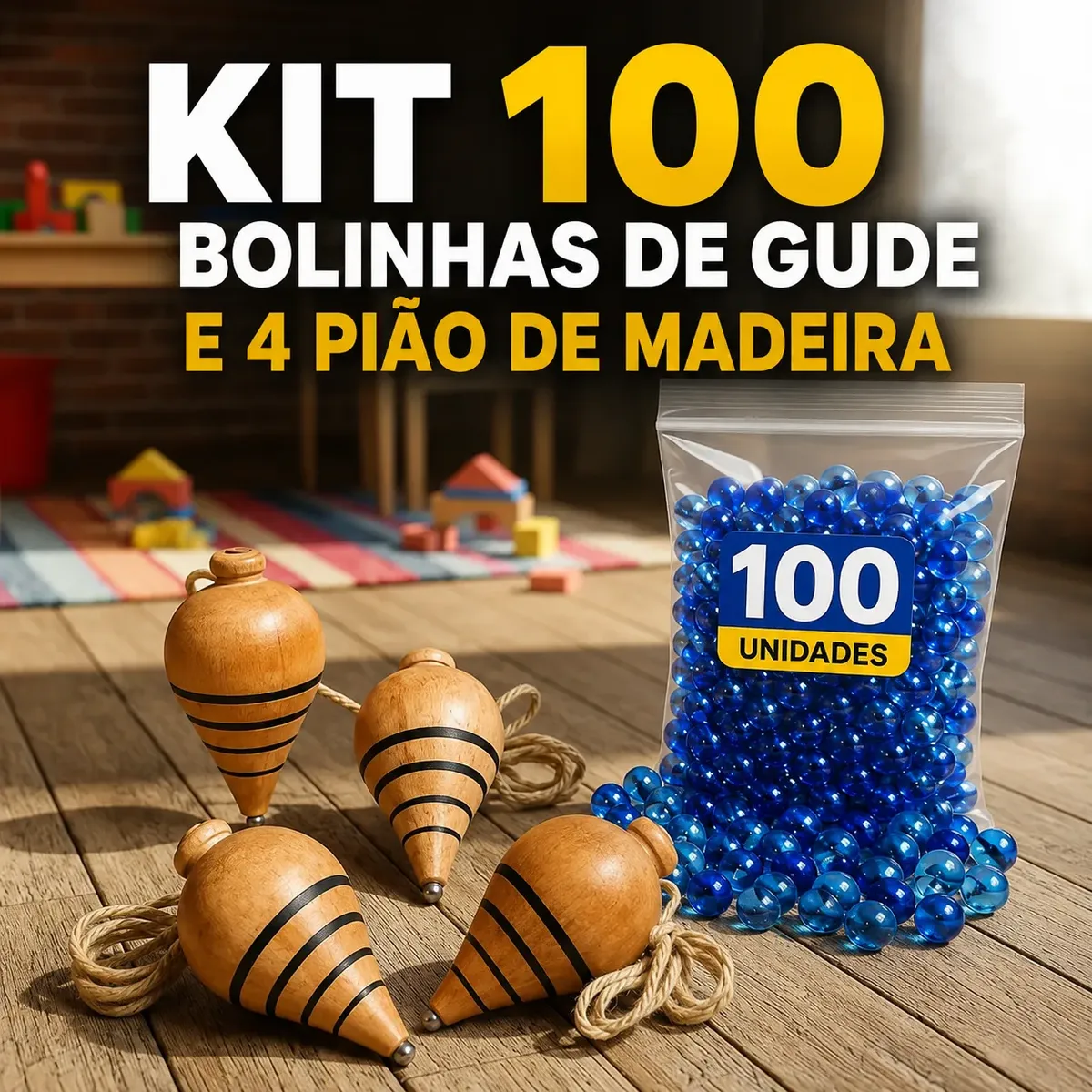  Kit 100 Bola de Gude de Vidro, Bila + 4 pião Brinquedo