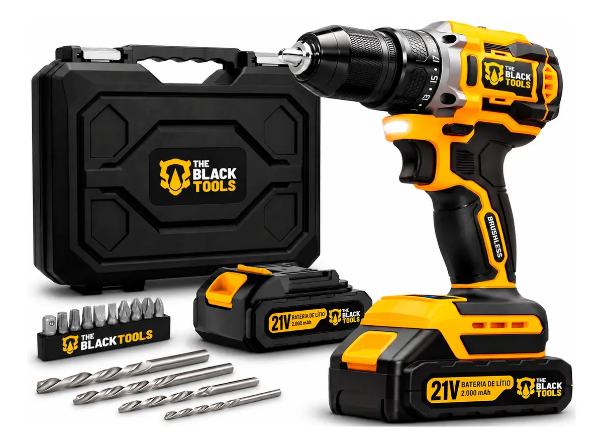 Parafusadeira/Furadeira Impacto 21V, Mandrio de ferro 3/8 The Black Tools C/2 Baterias 60hz