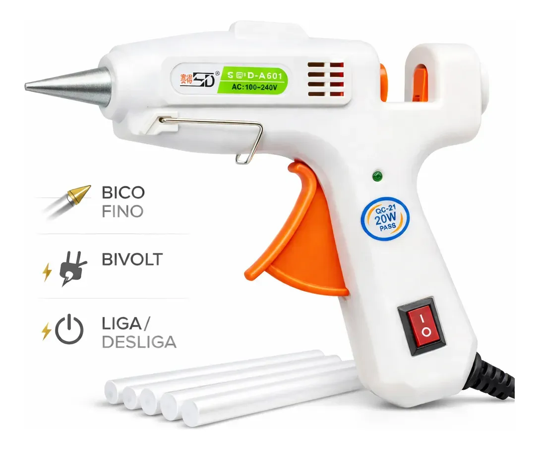 Pistola de Cola Quente 20W Bico Fino Bivolt com 5 Bastões 7mm Niadri Imports