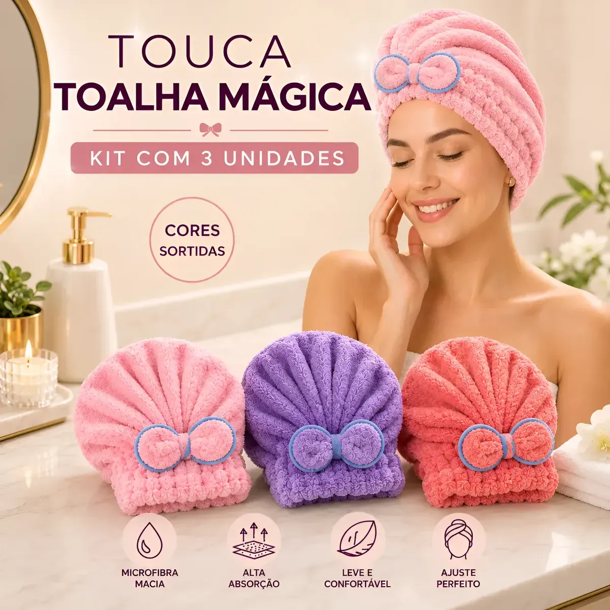 Kit 3 Toucas Toalha Mágica Microfibra Antifrizz Cor Sortida