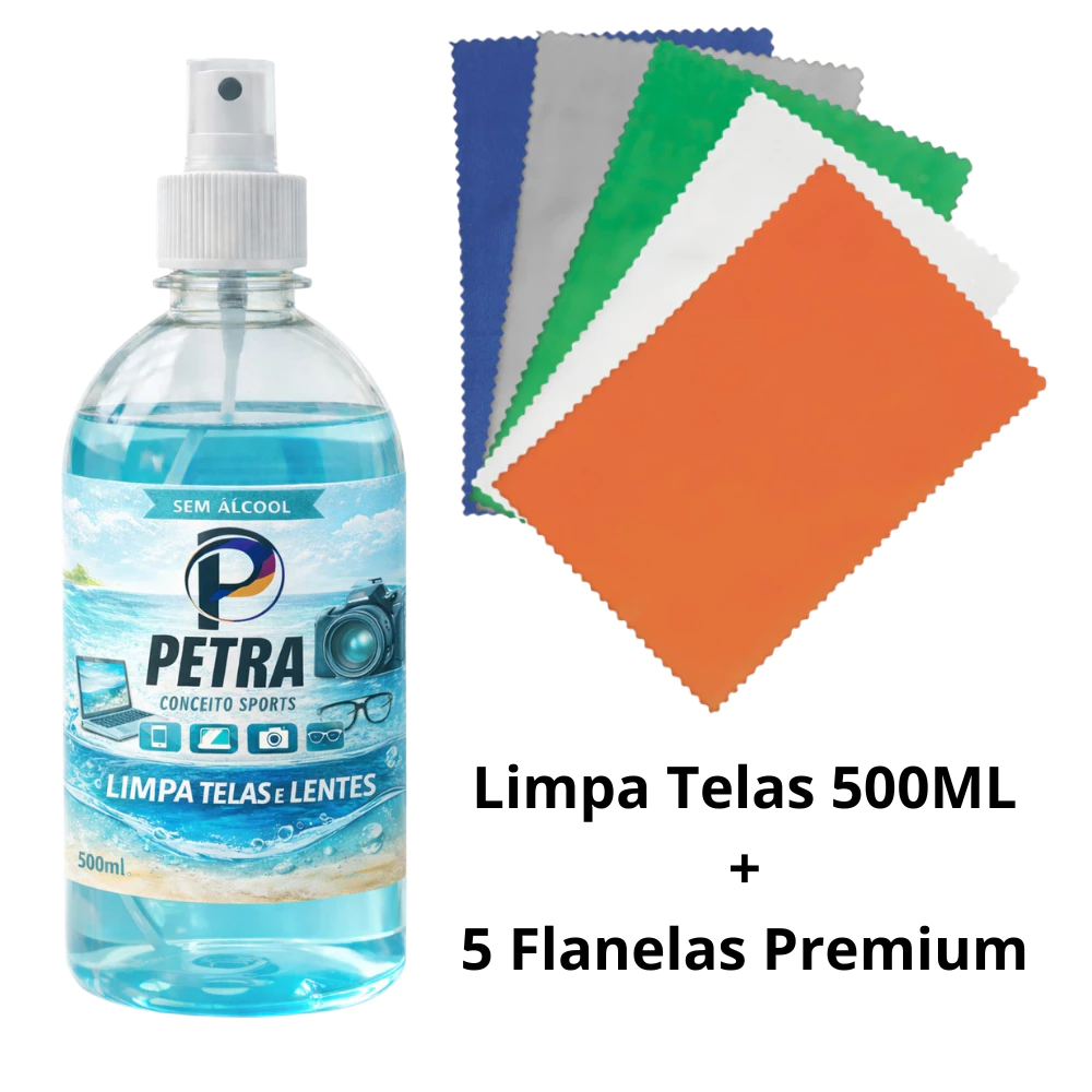 Kit Limpa Telas 500ml + 5 Flanelas – Celular Monitor Tv Notebooks Limpa Óculos