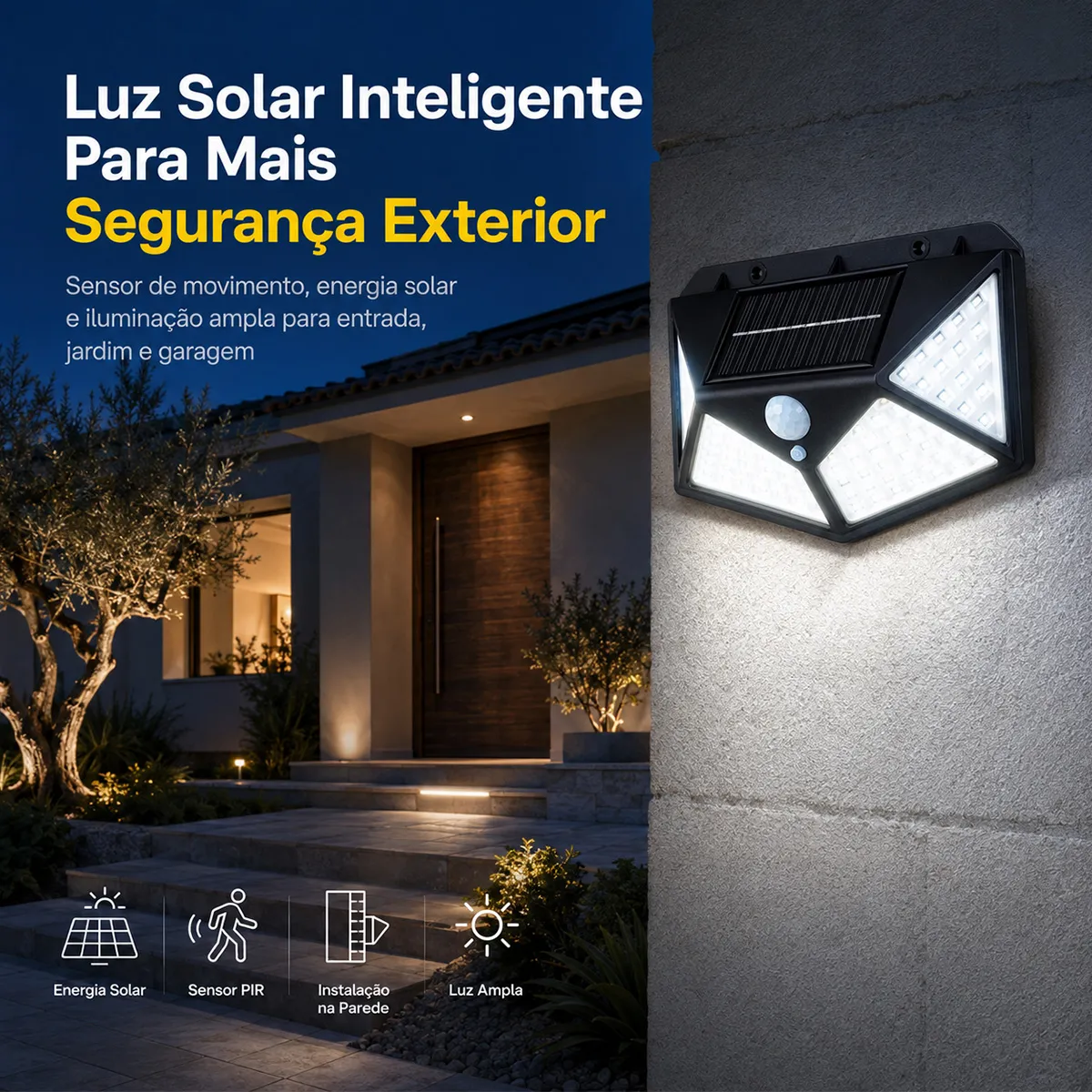 Kit 4 Luminária Solar 100 Leds A Prova D'água Parede Externa