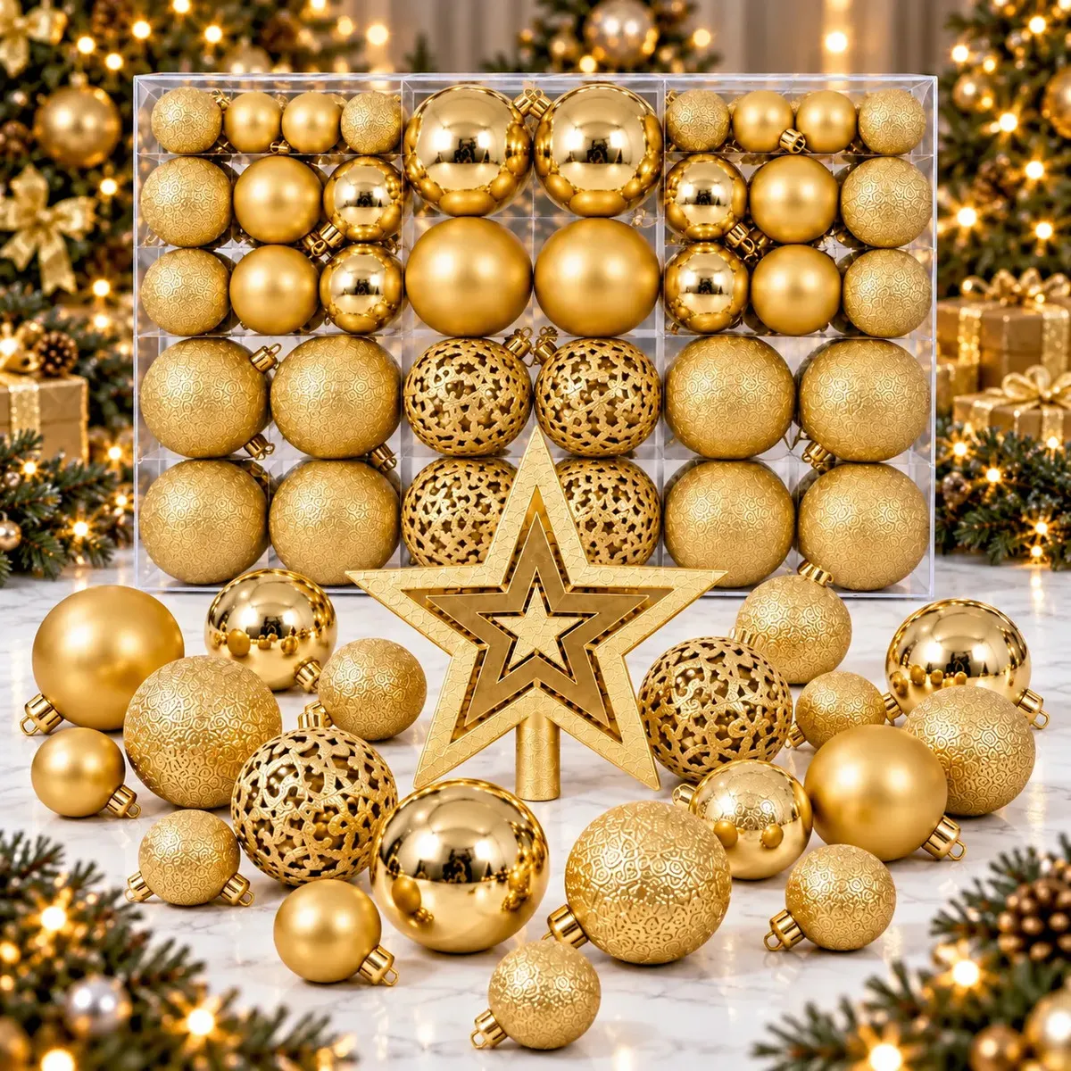 Kit 100 Bolas Estrela Decoração Enfeite Árvore De Natal Pendente Brinde Ponteira Bolinhas Dourada Gold Enfance Natalina