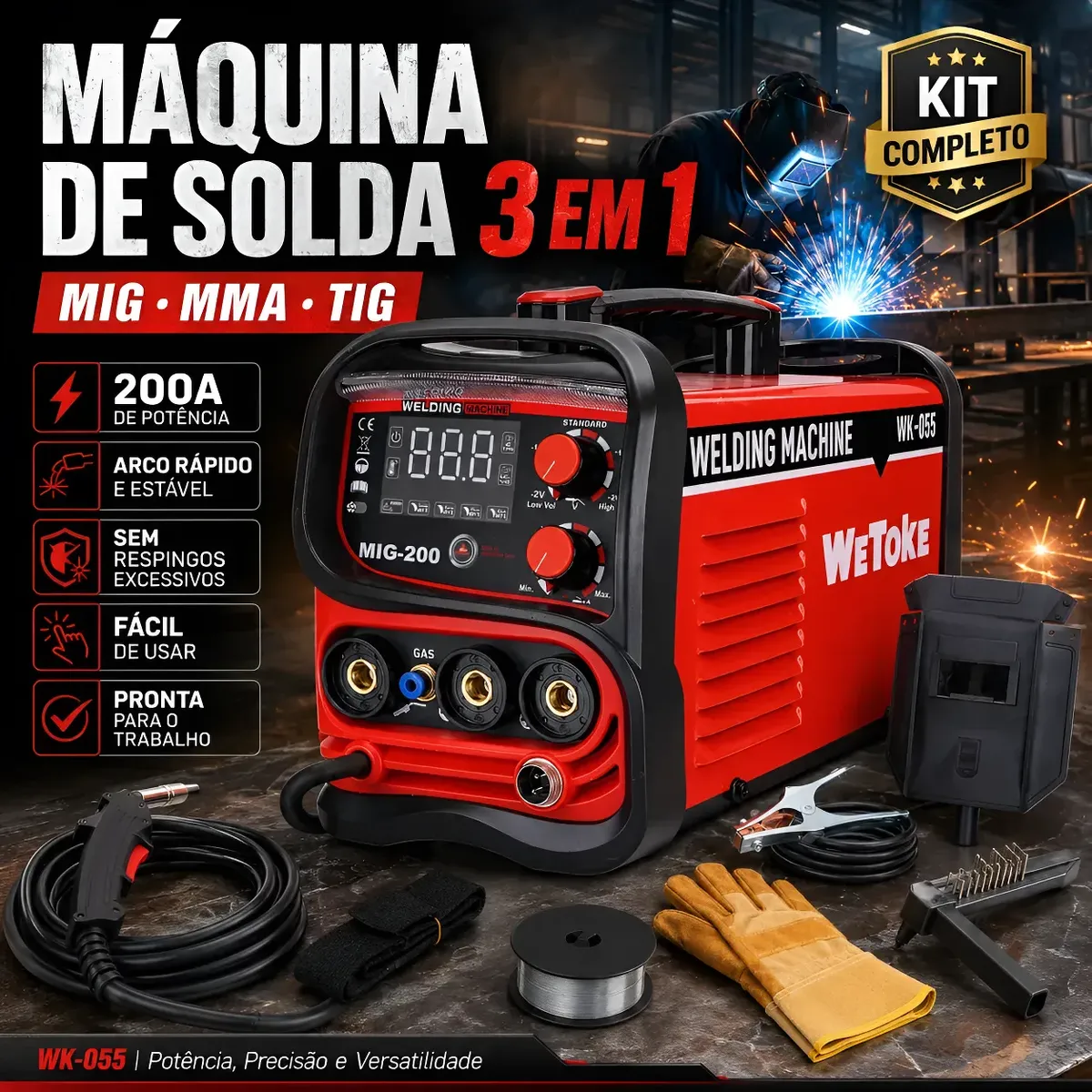 Máquina De Solda Inversora 3 Em 1 200a Mig Mma Tig Sem Gás