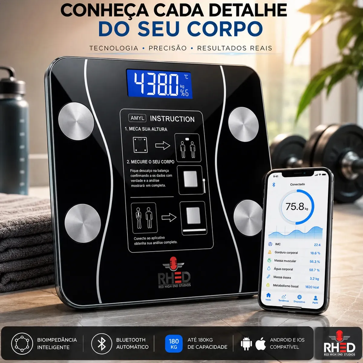 Balança Digital Bioimpedância Profissional smart imc 180kg Bluetooth. Aplicativo para acompanhamento
