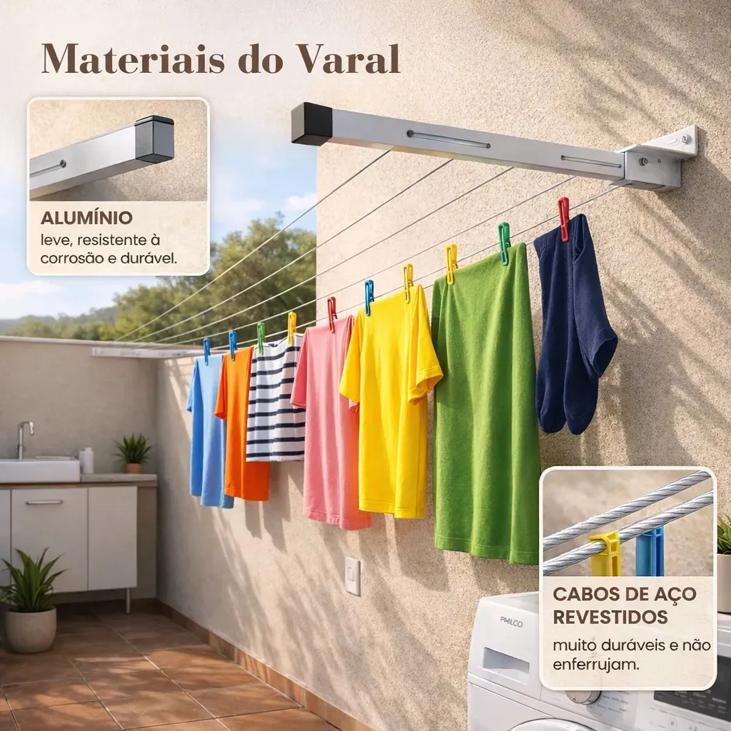 Varal De Roupa Reforçado 80 Kg Dobrável 2 Hastes Retratil