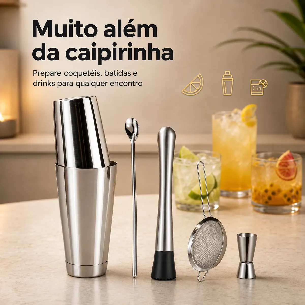 Kit Caipirinha Coqueteleira Boston Drink 5 Peças Inox Barman