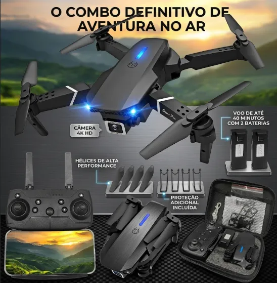 Mini Drone E88 Pro Dobrável Câmera Hd 4k Com 2 Baterias