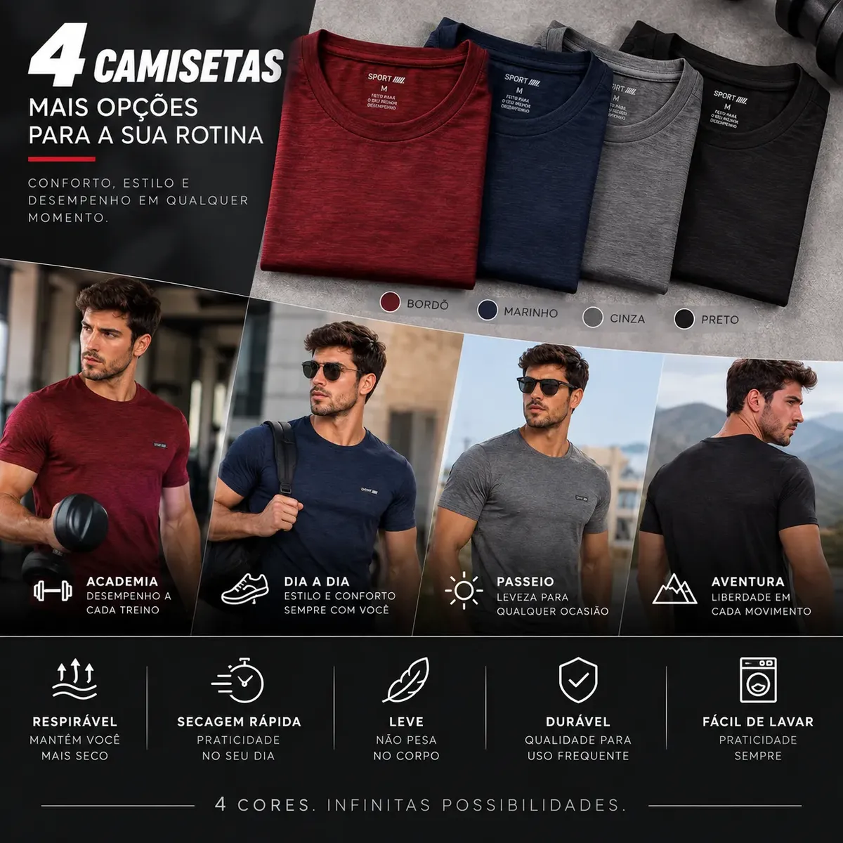 Kit 4 Camisetas Esportivas Academia Dry Fit Masculina Treino
